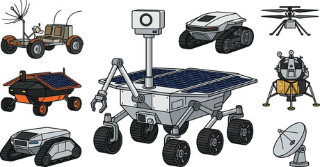 Space Exploration Rover Vector Set with Mars Lander Lunar Buggy Satellite Dish and Planetary Research Vehicles for Science and Technology Designs © MstSultanaAkter