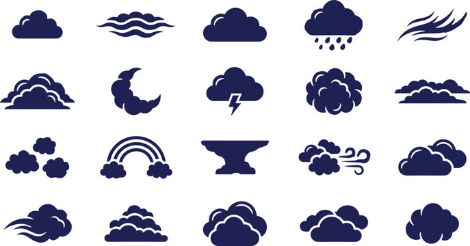 Dark Blue Weather Icons Depicting Clouds, Rain, Wind, Lightning, and Atmospheric Conditions