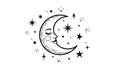 Whimsical crescent moon with a sleeping face surrounded by stars and celestial elements, handdrawn style illustration for mystical or nightthemed designs © Pinky Stock Studio