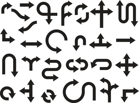 Collection of black arrow symbols and curved directional signs on a white background