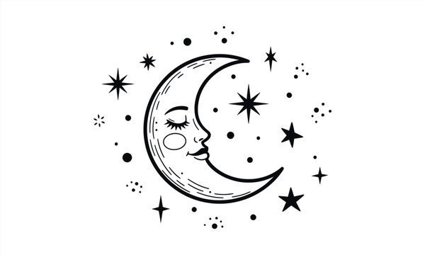 Whimsical crescent moon with a sleeping face surrounded by stars and celestial elements, handdrawn style illustration for mystical or nightthemed designs