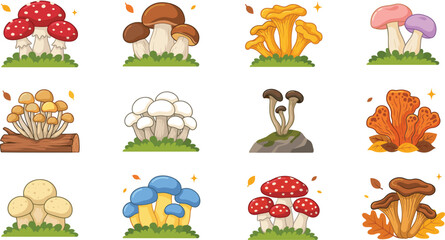 Obraz premium Edible and Poisonous Mushroom Vector Icon Set Featuring Whimsical Fungi Chanterelles Amanita Morels and Autumn Toadstools for Nature Graphic Designs