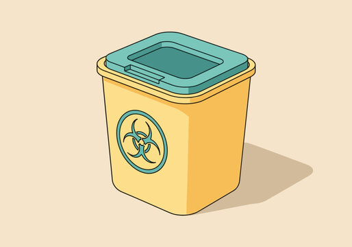 Yellow biohazard waste container with teal lid