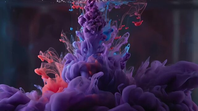 Dynamic motion graphics of red and purple ink clouds swirling underwater in a dark background loop.