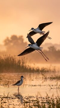 Black-winged stilt birds flying and wading in shallow wetland water during golden sunrise with wildlife standing reflection feathers environment landscape