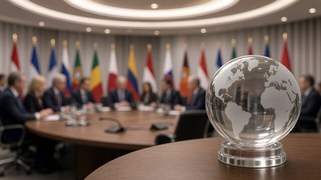 Glass Globe on a Conference Table During an International Meeting with World Flags in the Background