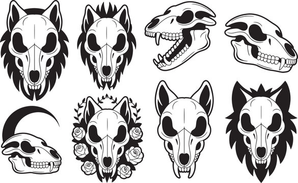 Wolf skull collection featuring floral patterns and crescent moon motifs for occult themed apparel.