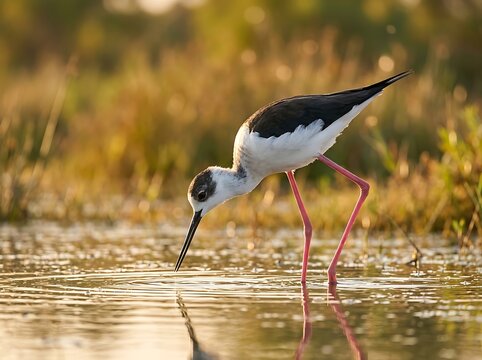 Black-winged stilt standing in shallow wetland water searching for food at sunrise with wildlife searching reflection feathers environment landscape
