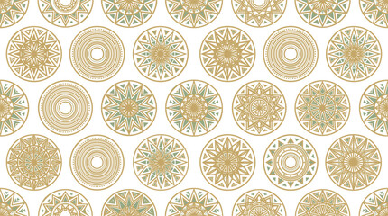 Fototapeta premium Bohemian Seamless Pattern with Intricate Geometric Mandala Circles and Tribal Sun Elements for Festive Textiles Wrapping Paper and Decorative Background Designs