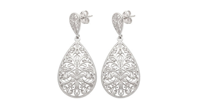 Vintage silver filigree earrings, ornate teardrop dangle jewelry, elegant white gold floral drop earrings for bridal fashion isolated PNG with Transparent Background