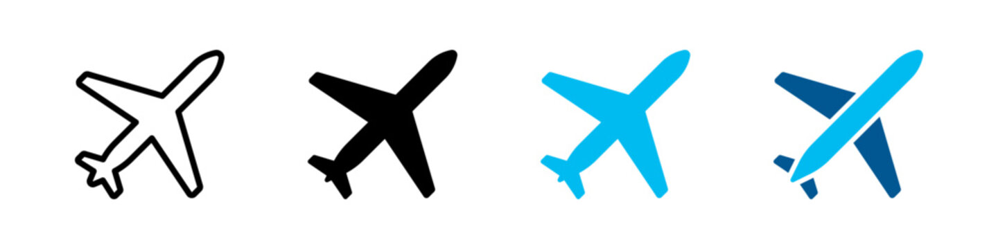 Airplane icon set. Minimal plane symbol. Transparent PNG and vector illustration