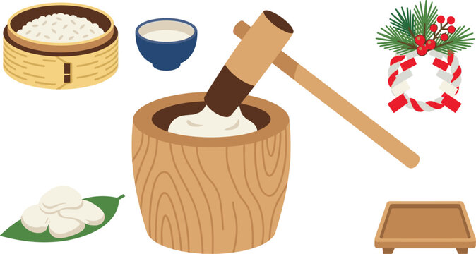 Traditional Japanese New Year Mochitsuki Design Set with Pounding Mortar Usu Mallet Kine Steamed Rice and Shimenawa Wreath Decoration