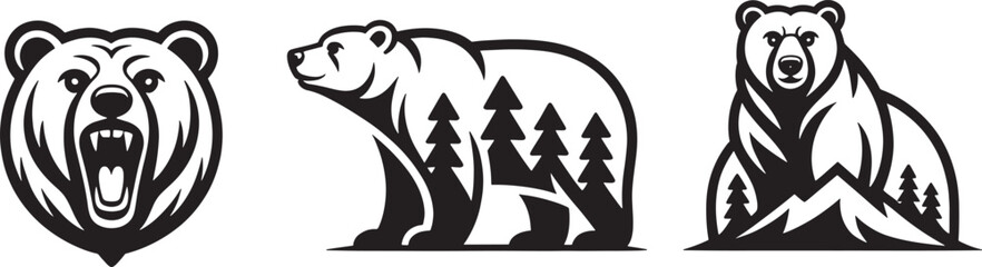 Obraz premium Bear illustrations powerful grizzly roaring bear in forest and mountain settings for nature lovers.