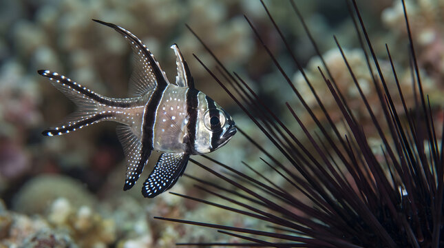 Banggai cardinalfish seeking protection in sea urchin spines underwater