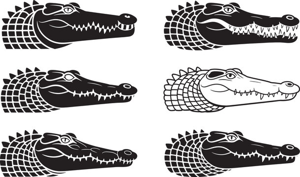 Alligator head profiles with textured scales for marshland wildlife icons or reptile emblem prints.