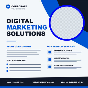 Digital marketing flyer with circular image placeholder with text sections company information, corporate vector template design or business poster template design.