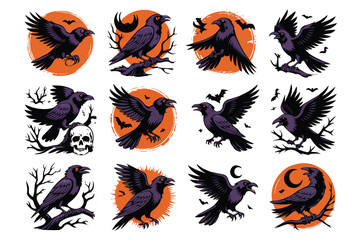 Naklejka premium Raven Bird Collection Vector Set Isolated on White Background