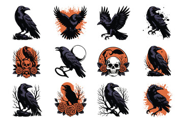 Naklejka premium Gothic Raven Collection Vector Design Isolated on White Background