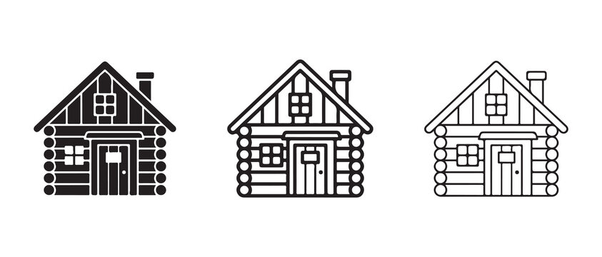 Log Cabin House Icons in Line Art Style for Design Projects