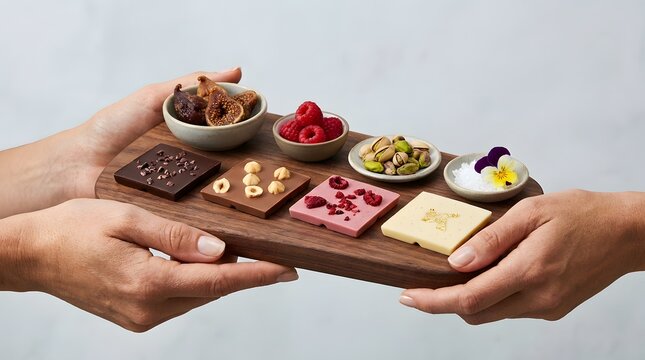 Hands holding a wooden serving board with artisanal chocolate squares and toppings.