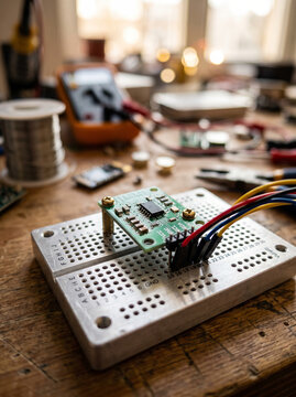 Microcontroller electronics project assembled on breadboard on wooden workbench table