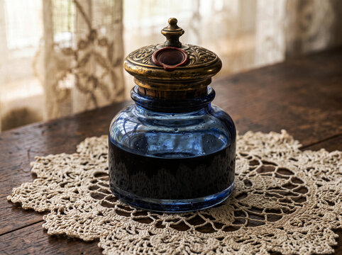 Antique blue glass inkwell with ornate brass lid resting on crochet lace doily over dark wooden surface in soft light.