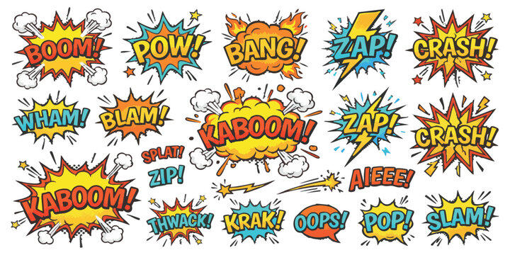 Set of colorful comic book speech bubbles with sound effects like boom pow bang crash zap blast for graphic design