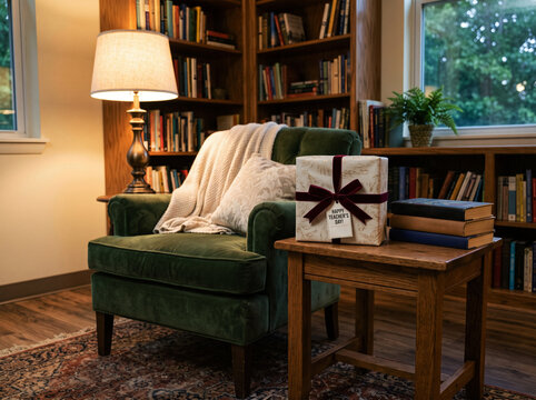 Wrapped gift box with Happy Teachers Day tag on wooden side table next to green armchair in cozy home library setting.