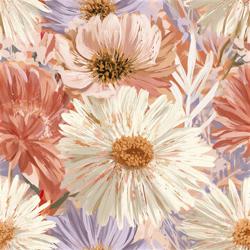 Soft maximalist floral pattern with layered blush coral lavender and cream flowers creating warm elegant design