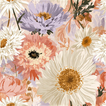 Soft maximalist floral pattern with layered blush coral lavender and cream flowers creating warm and elegant design