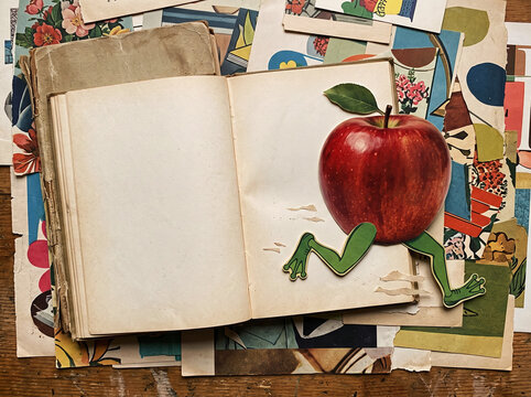 Creative collage featuring red apple with green frog legs jumping out of open blank book surrounded by paper fragments.