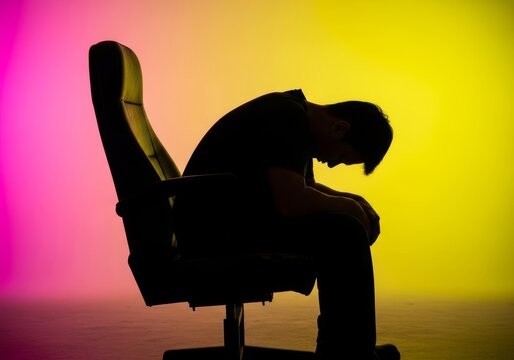 Exhausted silhouette slouched deeply in a dark seat. The tired posture reflects a long day of hard labor and overwhelming mental fatigue, workplace, labor, slouching