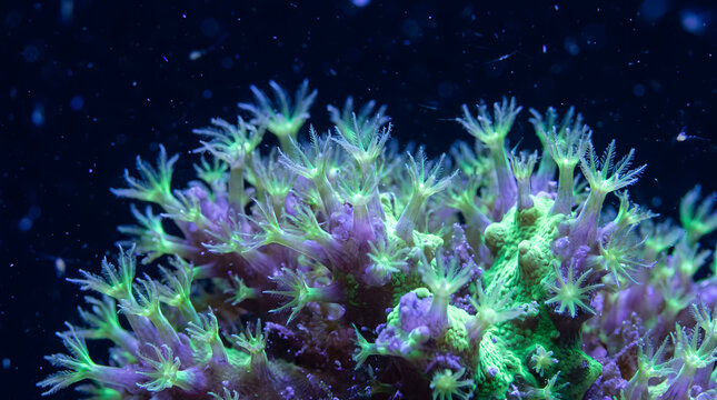 Fluorescent green and purple star polyps coral glowing underwater