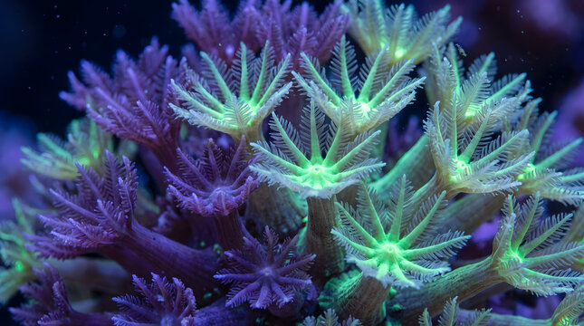 Green star polyps macro photography on vibrant soft coral reef