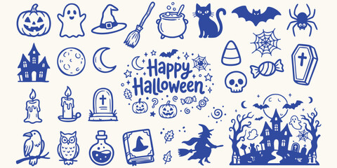 Fototapeta premium Whimsical Halloween Icons with a Hand-Drawn Style on a Light Background for Festive Design