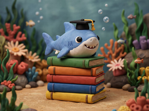 Claymation blue shark wearing graduation cap on stack of colorful books underwater for playful education theme backdrop.