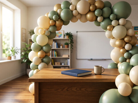 Balloon arch decoration in classroom with books and mug on desk for teacher appreciation event celebration and party.