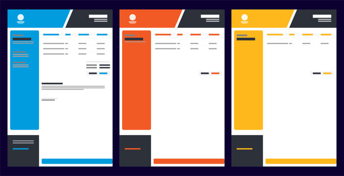 Three modern invoice templates with colorful sidebars and clean minimalist layout designs with stationery vector template design or business poster template design.