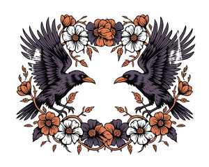 Naklejka premium Raven and Floral Decorative Frame Vector Illustration Isolated on White Background