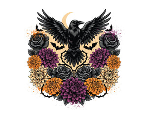Naklejka premium Mystical Raven Flower Frame Vector Illustration Isolated on White Background