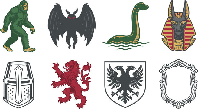 Mythological Creature and Cryptid Element Set with Bigfoot Mothman Loch Ness Monster Anubis and Medieval Heraldry Shields for Graphic Designs