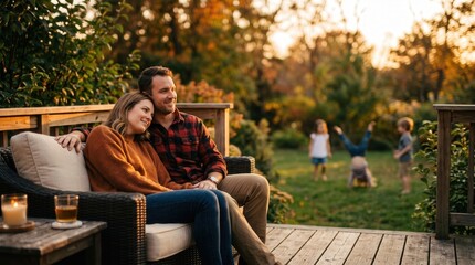 Fototapeta premium Couple relaxing on wicker sofa on outdoor wooden deck while children play in backyard garden at sunset for family home lifestyle marketing