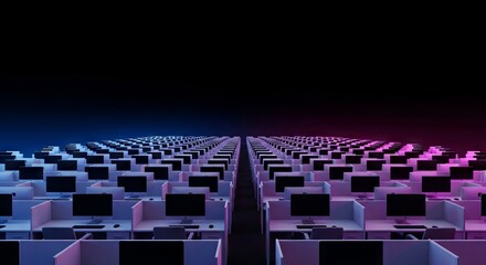 Obraz premium A journey through endless rows of identical grey workstations stretching into a dark void, symbolizing deep fatigue and corporate monotony, mental health, gloom, rows