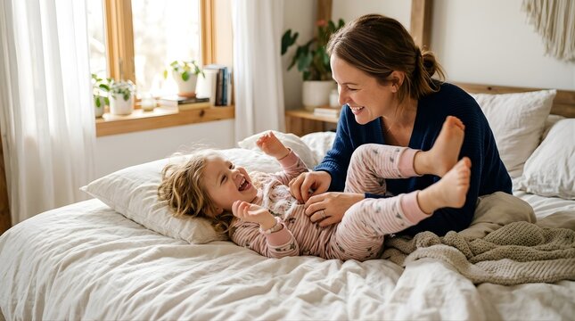 Happy mother tickling her laughing little daughter on a bed at home
