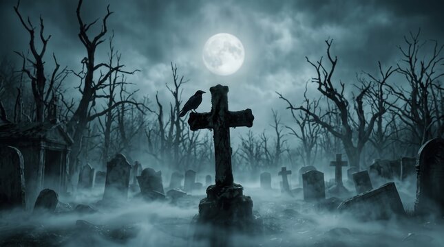 Black crow perched on stone cross in spooky graveyard under full moon with thick fog for gothic horror and halloween background