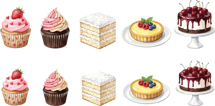 Elegant Watercolor Style Dessert Vector Set Featuring Strawberry Cupcakes Layered Mille Feuille Pastries Fruit Tartlets and Cherry Glazed Cakes on Stands for Menus