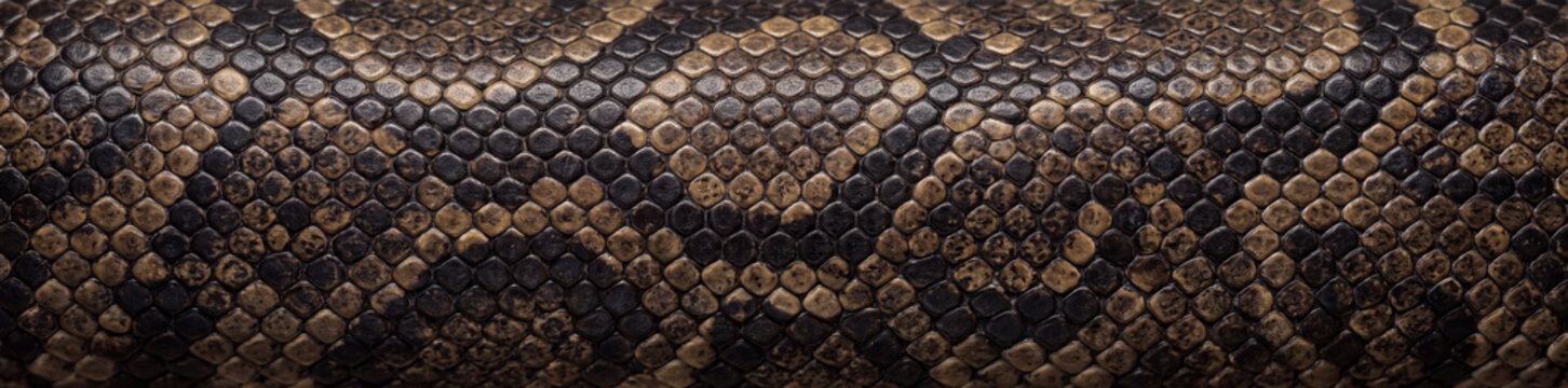 Detailed close-up view of dark and golden brown snake skin texture, showing intricate python scales pattern for background design