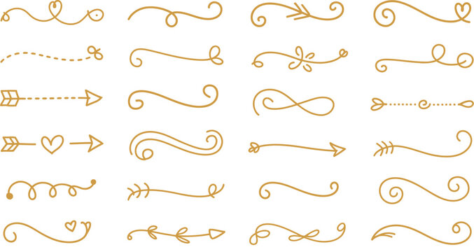 Collection of elegant golden ornamental swirls curly arrows and vintage line dividers isolated on white background for wedding design.