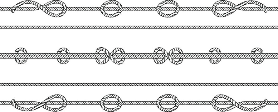 Set of seamless nautical rope borders with knots and loop ties isolated on a clean white vector background stock image.