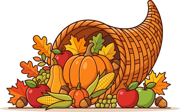 Traditional autumn harvest horn of plenty isolated on white background, vector design